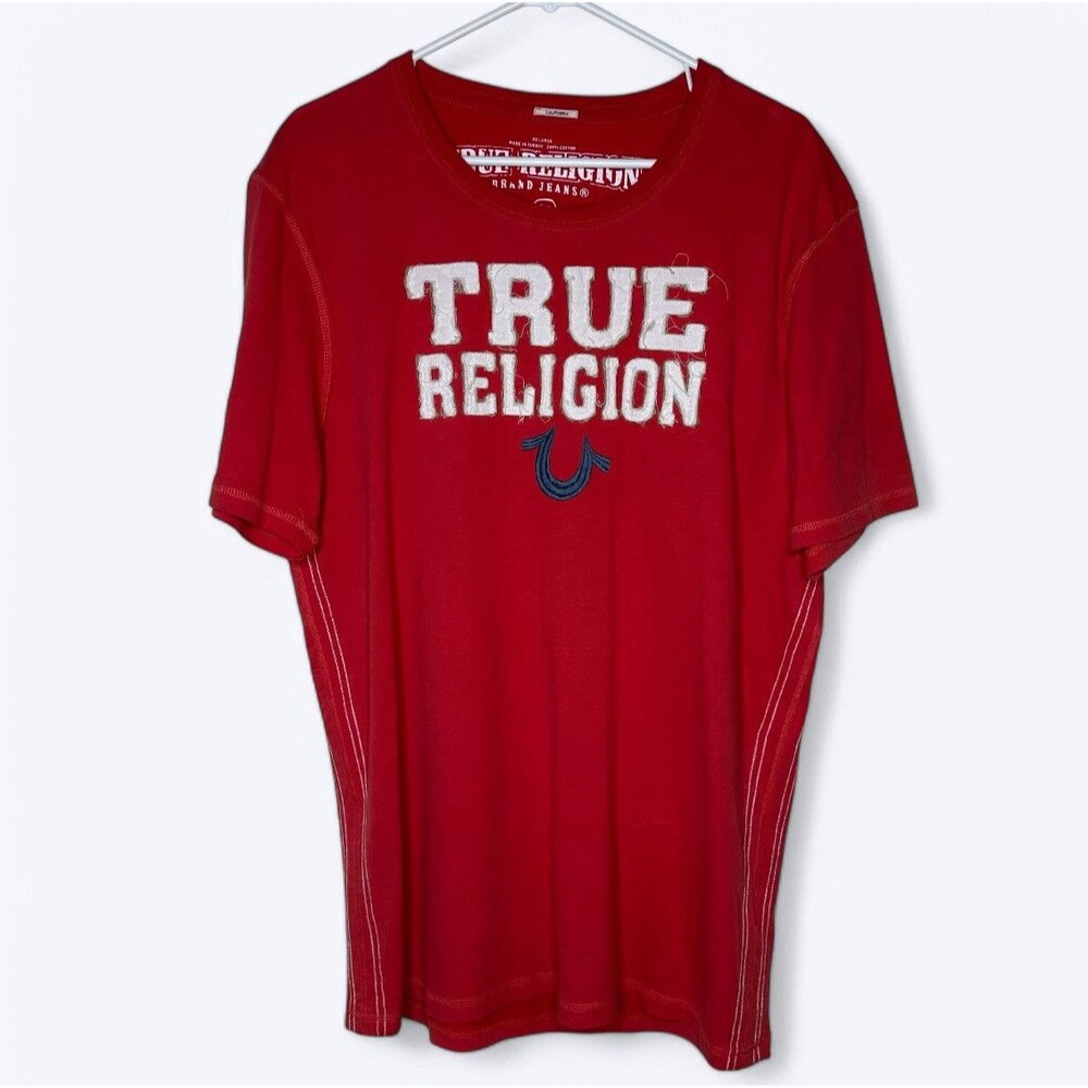 True‎ Religion California T Shirt Mens Sz XXL Red Applique Loose Threads Buddha
